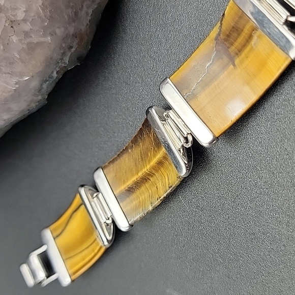 925 Sterling Silver Faceted Tigers Eye 5 Panel Mens Gemstone Bracelet Size 7 - Picture 8 of 14